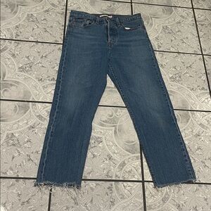 Blue Denim Jeans with Frayed Hem